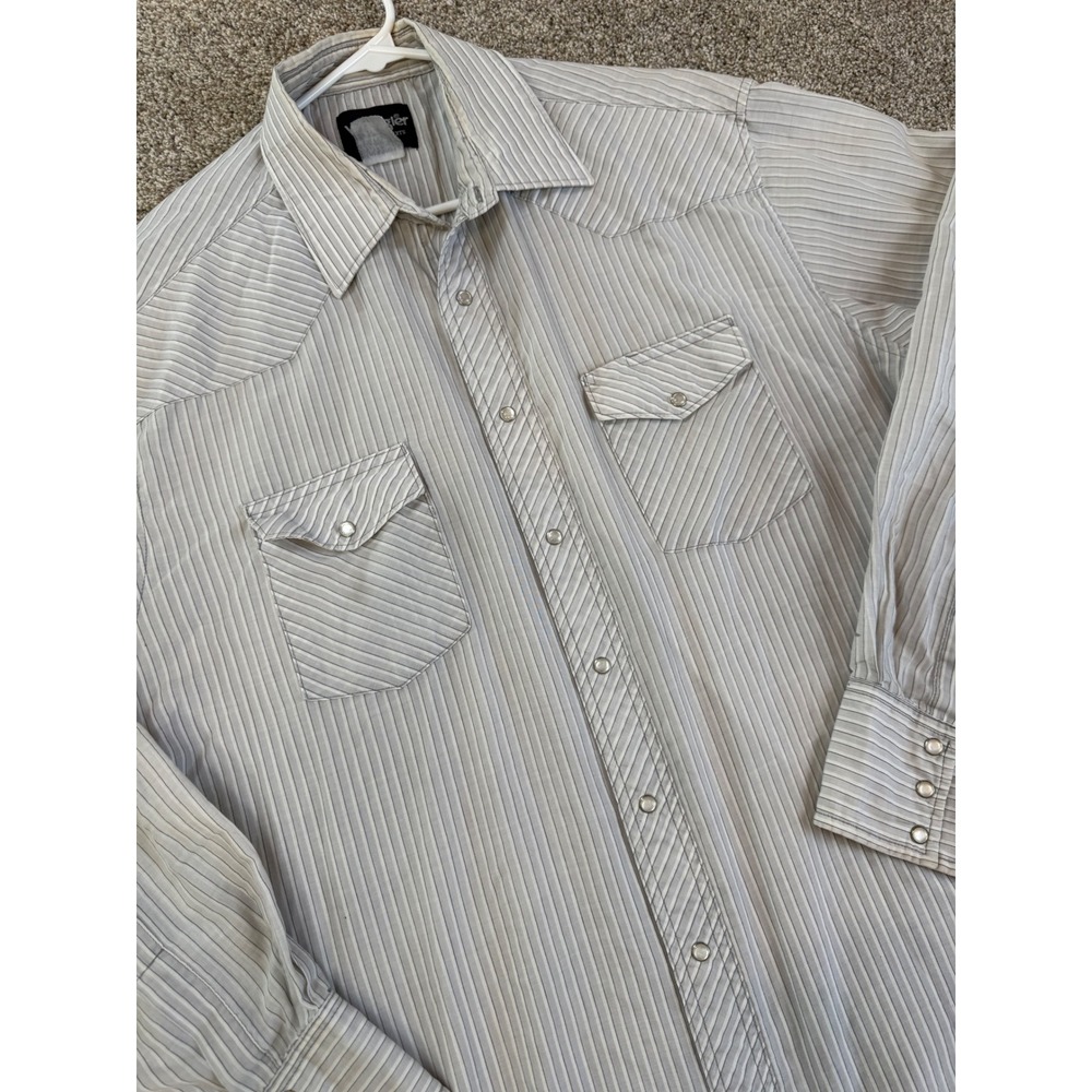Vintage Wrangler Western Shirt Striped‎ Pearl Snap Long Sleeve Neutral Gray